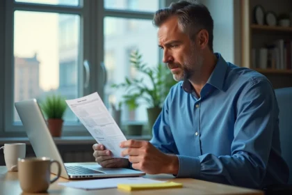 Homme d'âge moyen vérifiant son ordinateur et son planning