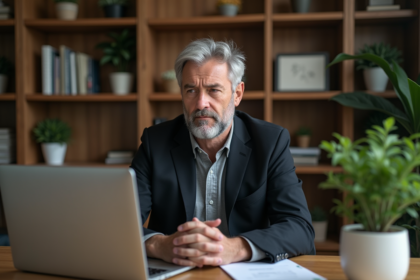 Homme d'âge moyen dans un bureau à domicile sérieux