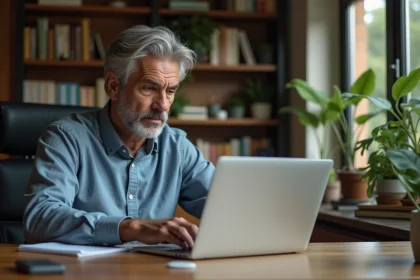 Homme d'âge moyen regardant des graphiques sur son ordinateur