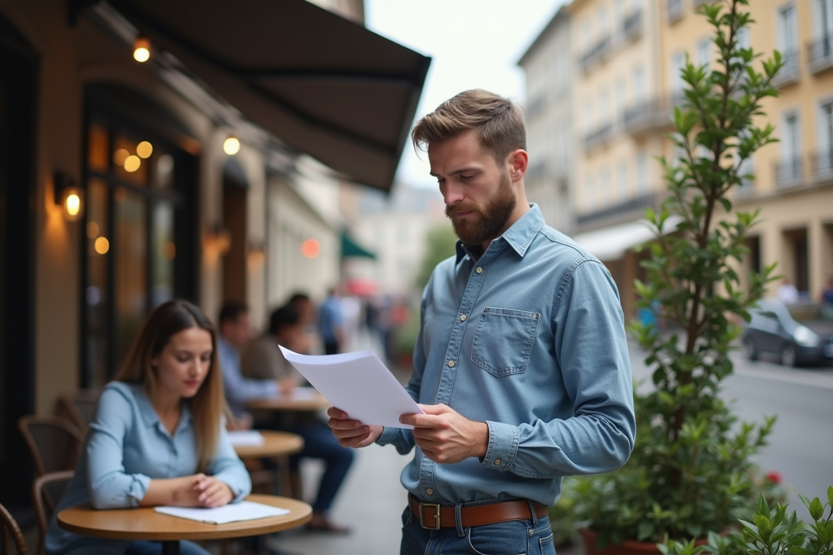 Homme travaillant en extérieur dans un café urbain