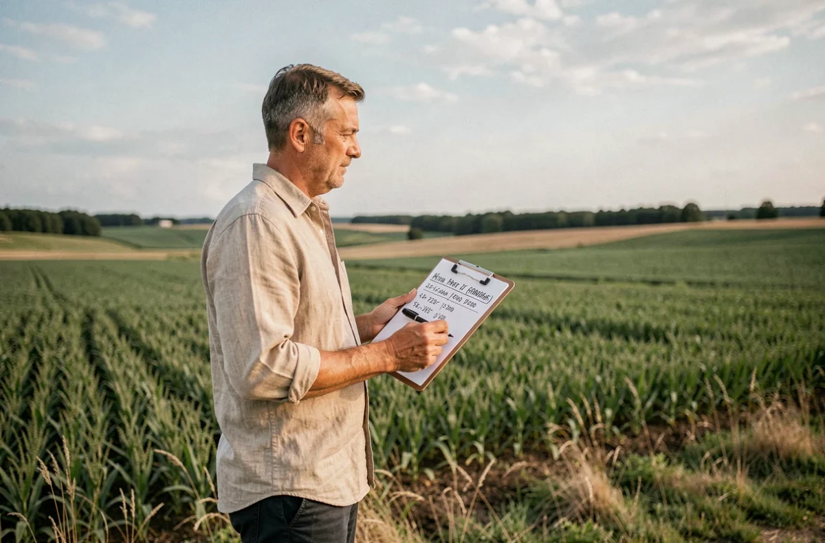 Homme debout dans un champ agricole tenant un clipboard avec des calculs de surface en hectares et mètres carrés
