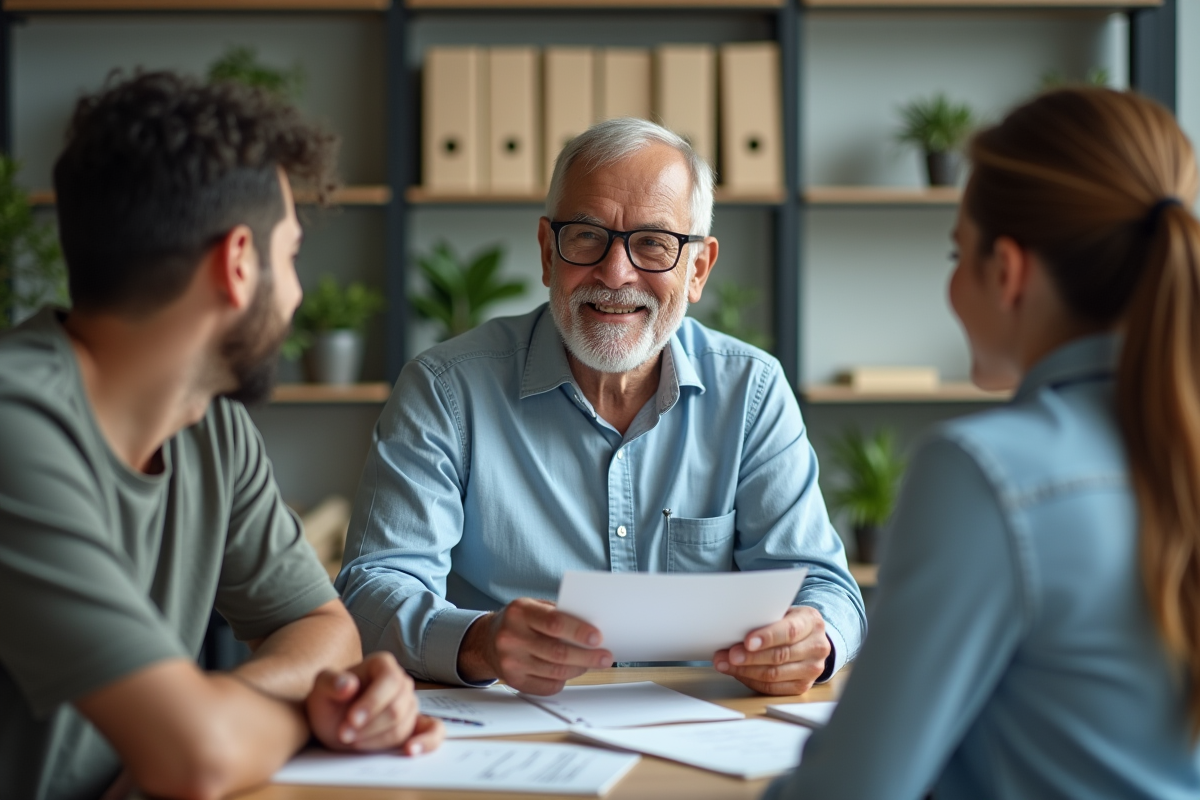 Conseiller financier rassurant un jeune couple avec un dossier solutions