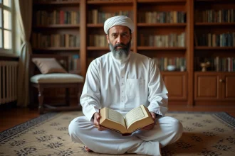 Homme tenant un Coran ouvert sur ses genoux montrant les divisions des Juz et des Hizb en script arabe
