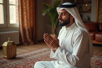 Homme en tenue traditionnelle faisant une douaa pendant le ramadan, mains levées en signe de prière, assis sur un tapis de prière