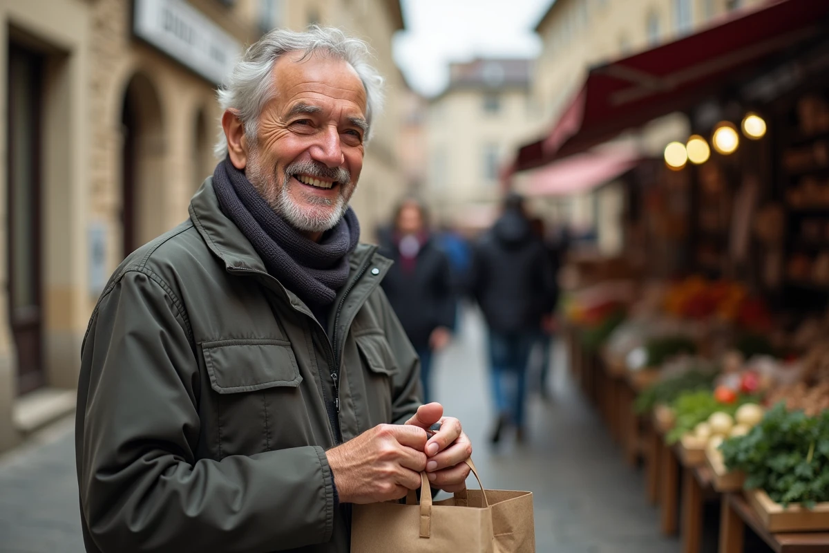 Homme français âgé dans un marché de quartier avec sac de courses