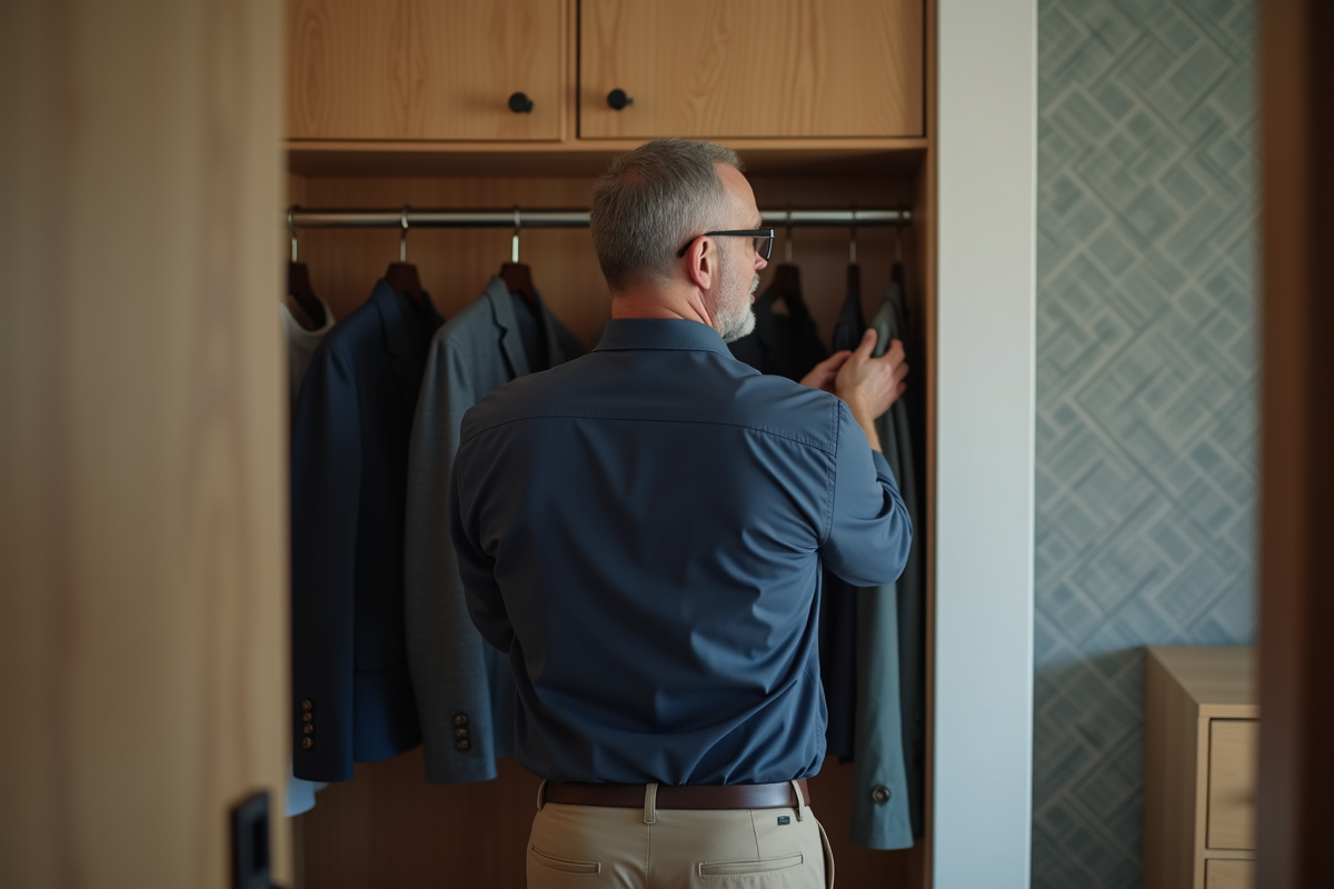 Homme range des vestes dans un placard pratique