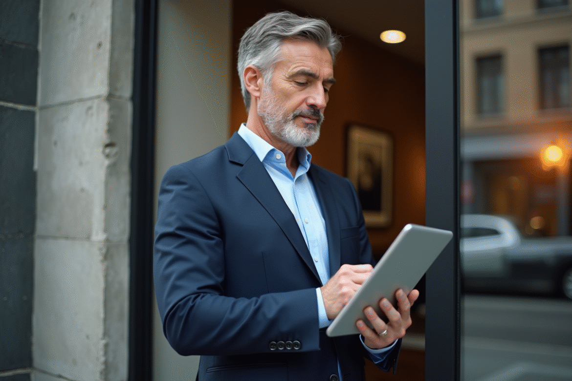 Homme d'âge moyen en costume bleu examinant des annonces immobilières
