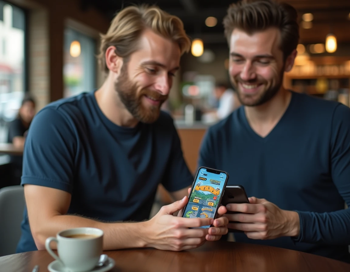 Homme accro à un jeu mobile de serpent dans un café urbain, tenant son smartphone avec concentration et engagement