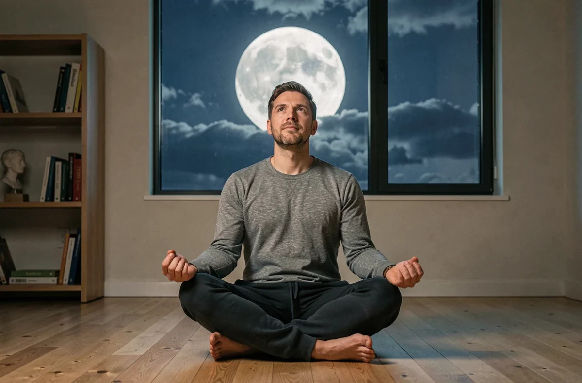 Homme en méditation nocturne face à la pleine lune de novembre, connexion émotionnelle et énergétique lunaire en intérieur