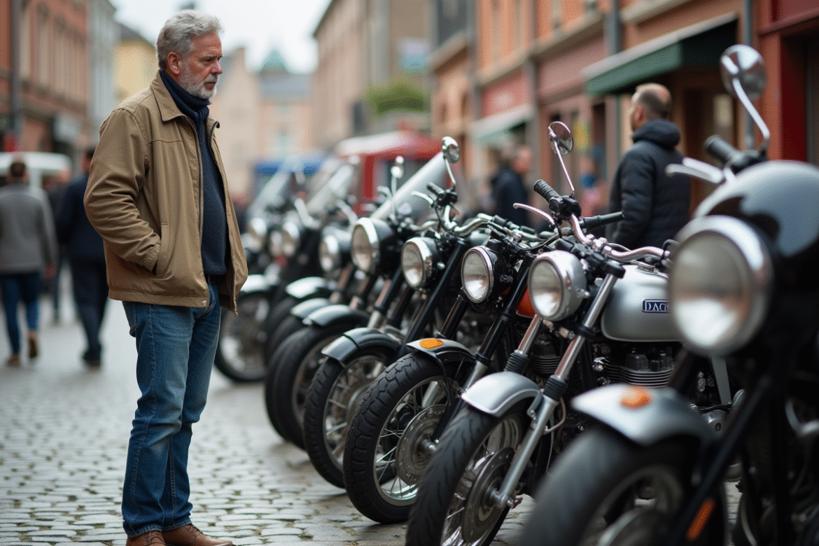 Homme moyenâgeux examinant une moto Dax vintage en marché extérieur