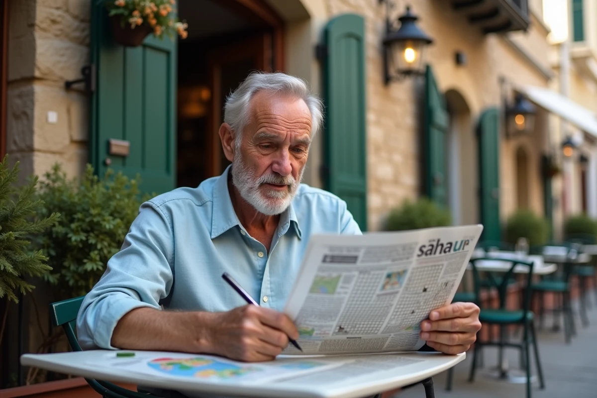 Homme âgé complétant une grille de mots croisés italiens en terrasse de café avec carte de l'Italie sur la table