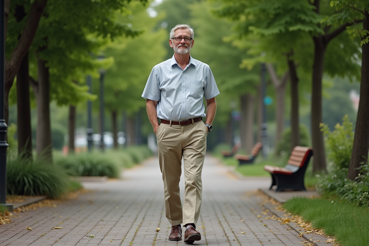 Homme marche dans un parc urbain ensoleille