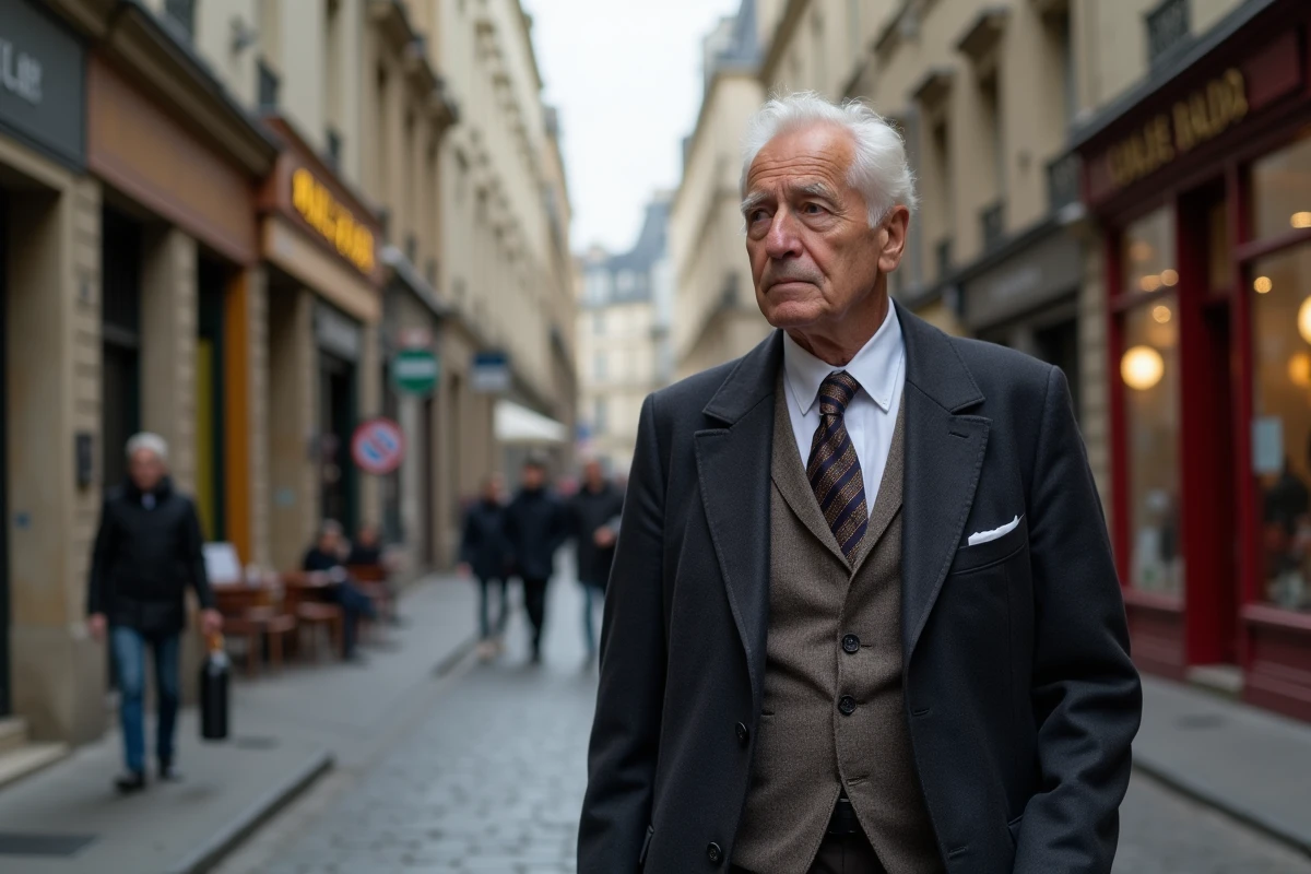 Homme francais marche dans une rue parisienne