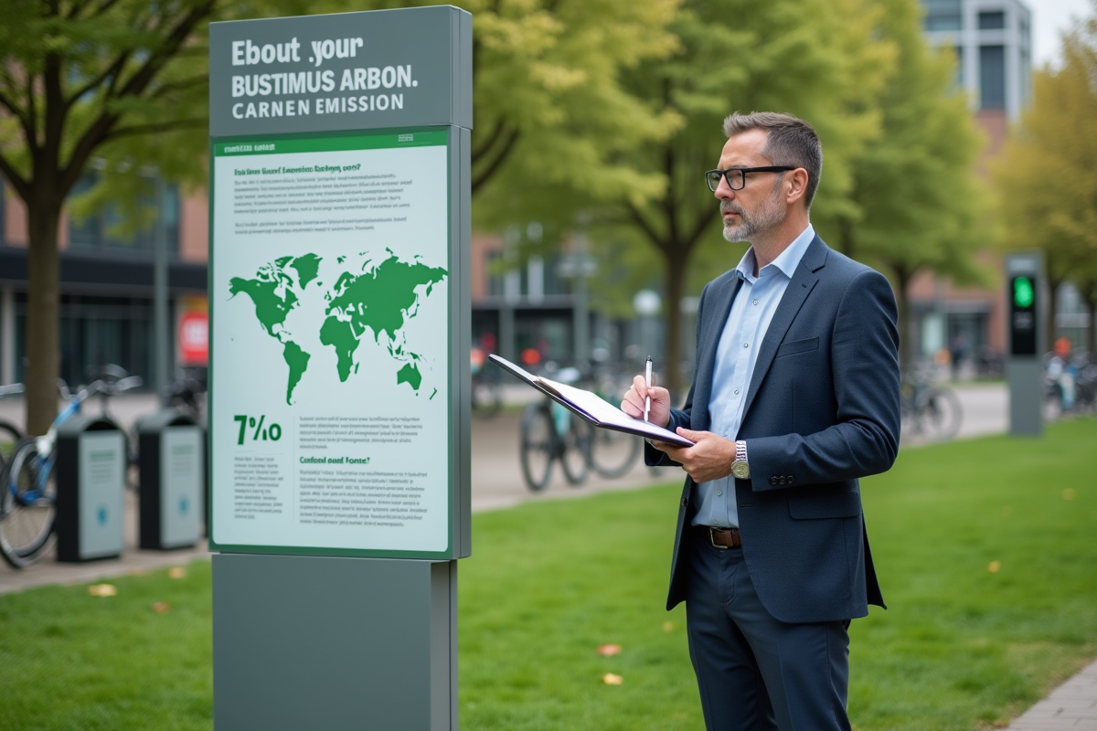 Homme en ville note chiffres sur panneau sur la pollution