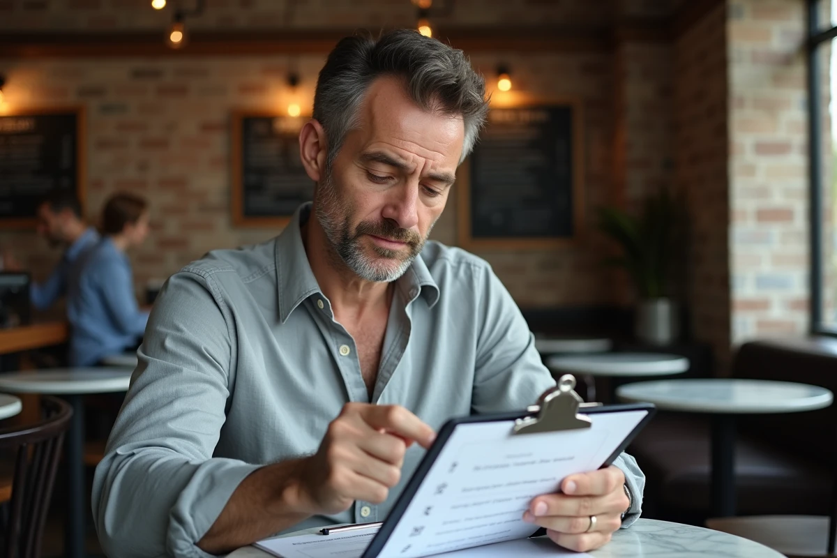 Homme consultant une feuille de quiz dans un café parisien pointant une question sur les capitales