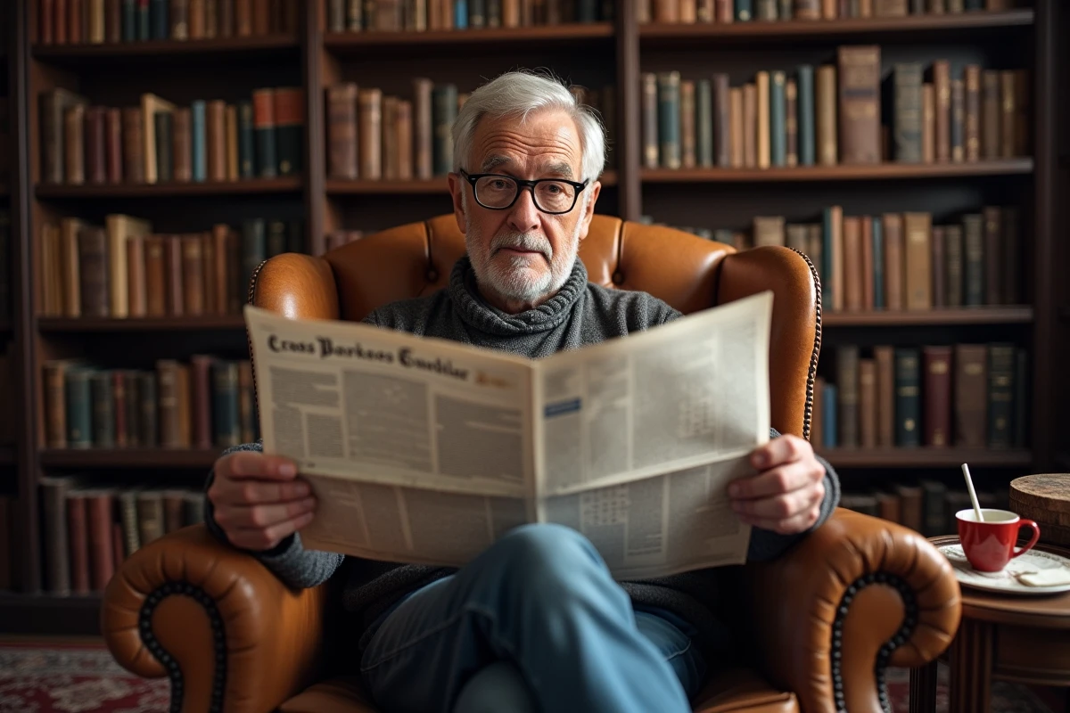 Homme retraité lisant les mots fléchés du journal dans un fauteuil de bibliothèque