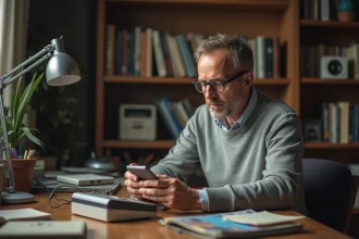 Homme d'âge moyen manipulant un ancien téléphone dans un bureau vintage