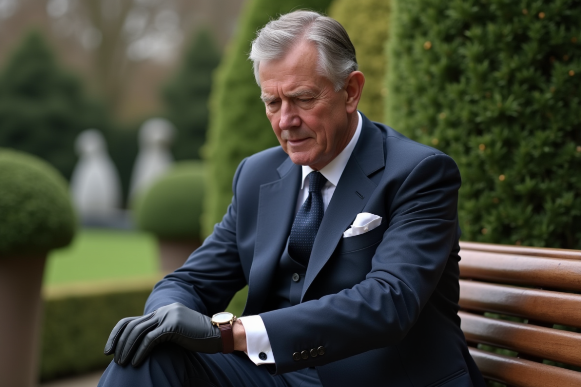 Homme en costume bleu dans un jardin privé