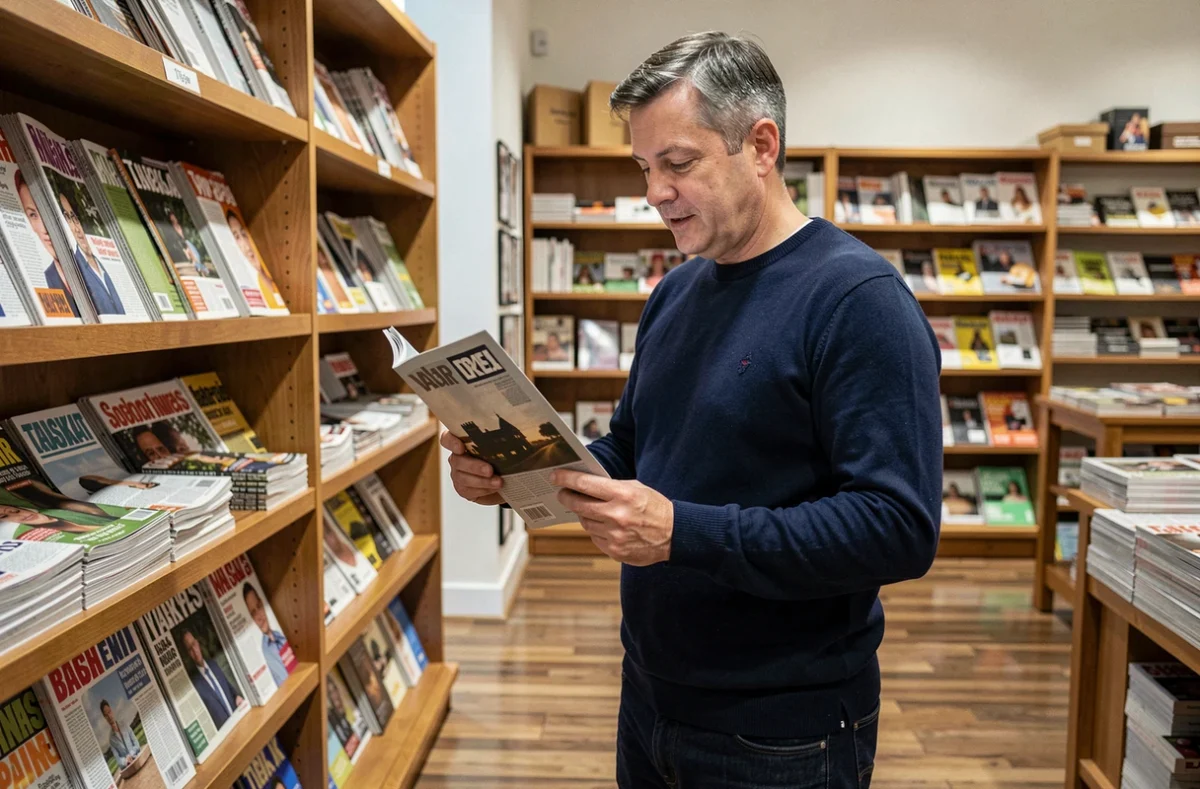 Homme lisant la couverture d'un magazine dans un tabac-presse avec des rayonnages remplis de périodiques