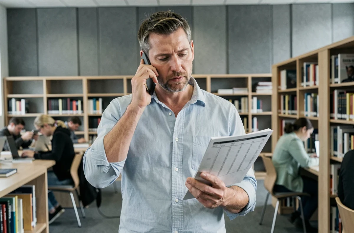 Homme consultant les horaires de Pôle emploi par téléphone dans un espace coworking