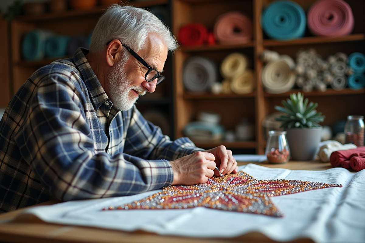 Homme âgé travaillant sur une broderie de diamants