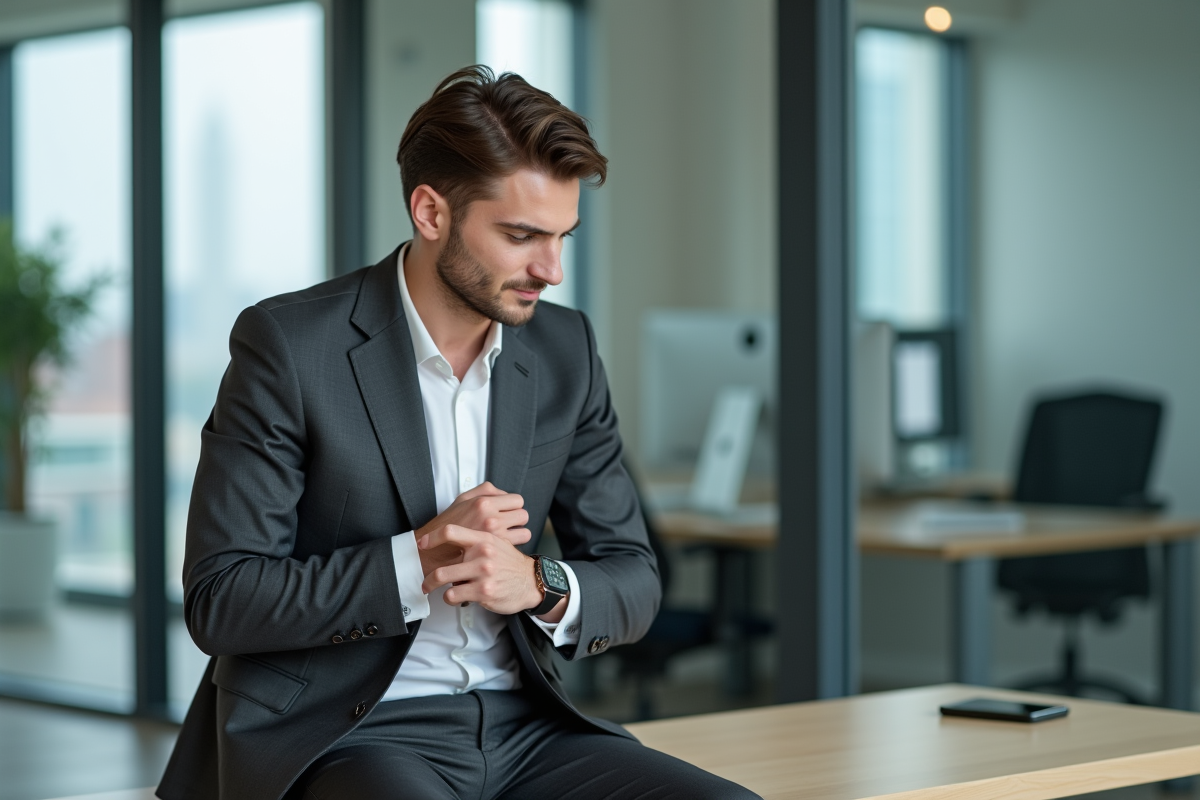 Homme en costume ajustant sa chemise dans un bureau moderne