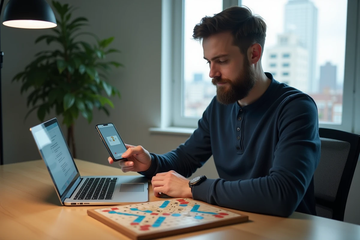 Homme vérifiant un mot Scrabble en ligne avec smartphone et ordinateur portable sur bureau moderne