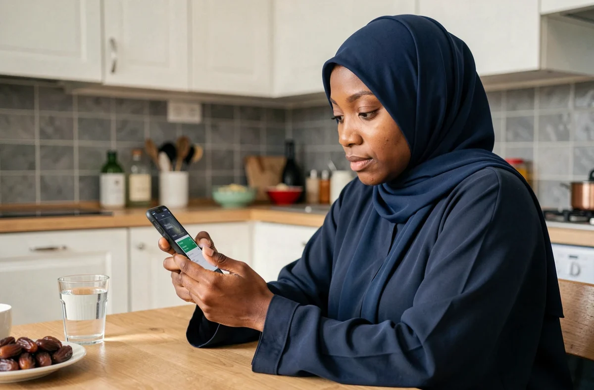 Femme musulmane consultant les horaires de prière du Ramadan 2026 sur smartphone dans sa cuisine à Aulnay-sous-Bois