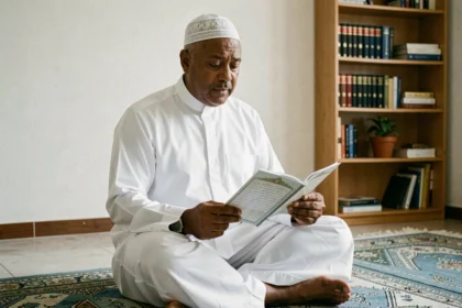 Homme musulman consultant le programme des horaires de prière du Ramadan 2026 chez lui à Aulnay-sous-Bois