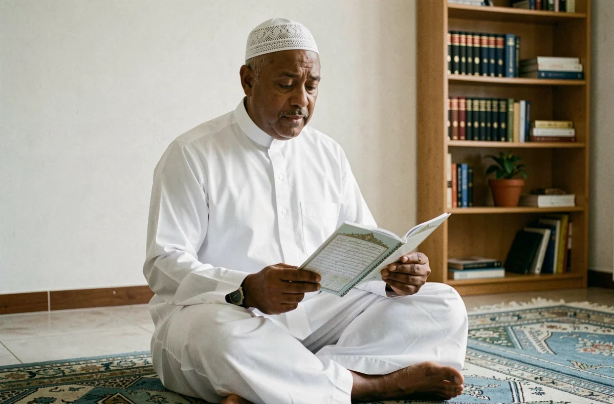Homme musulman consultant le programme des horaires de prière du Ramadan 2026 chez lui à Aulnay-sous-Bois