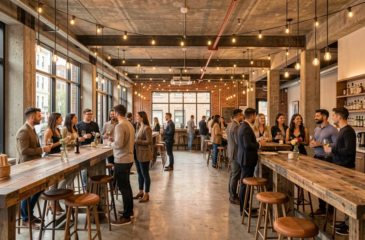 Espace événementiel de l'Hotel Kopster Paris Ouest à Colombes en style industriel-chic avec poutres en acier, tables en bois brut et invités lors d'une soirée networking