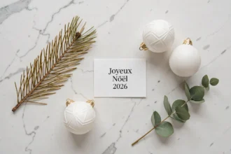 Composition minimaliste de Noël 2026 en vue du dessus avec branches de pin, boules blanches mates et carte Joyeux Noël sur marbre blanc