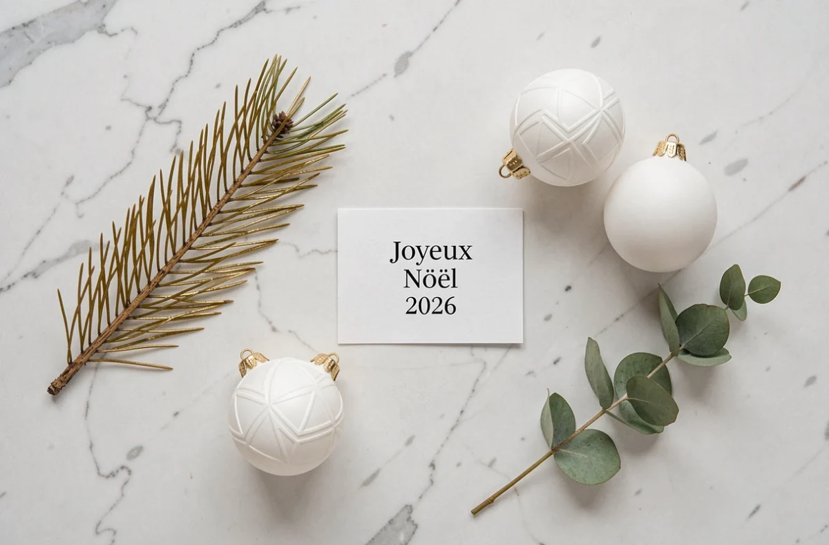 Composition minimaliste de Noël 2026 en vue du dessus avec branches de pin, boules blanches mates et carte Joyeux Noël sur marbre blanc