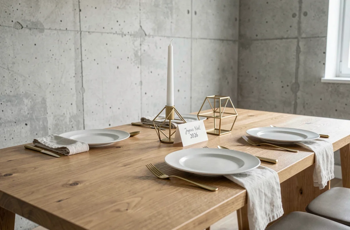 Table de fête minimaliste pour Noël 2026 avec vaisselle blanche mate, couverts dorés et carte Joyeux Noël dans une salle à manger moderne