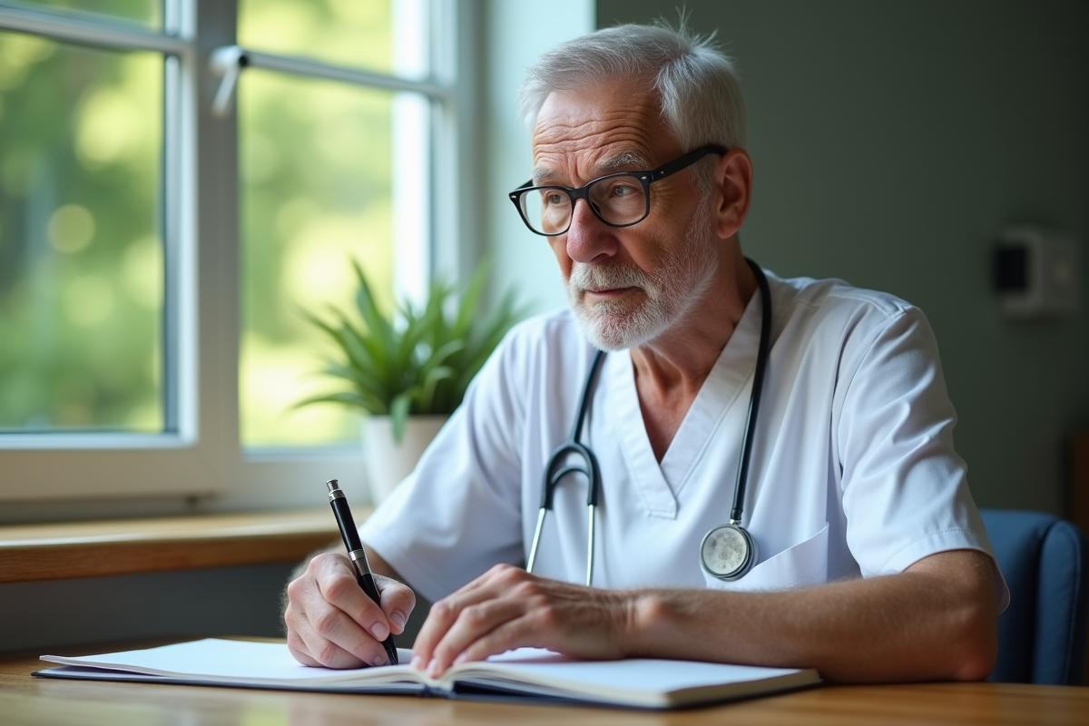 Infirmier âgé prenant des notes près d