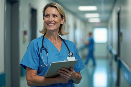 Infirmière en blouse bleue dans un couloir d'hôpital