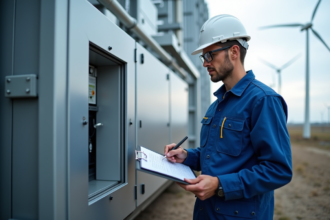 Ingénieur en bleu inspectant une pile a hydrogene en plein air