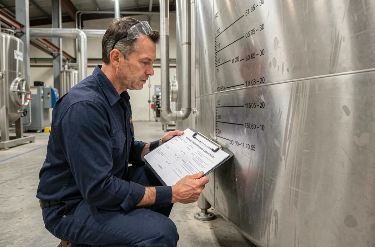 Ingénieur mesurant le volume d'un réservoir industriel avec des calculs de conversion en litres et mètres cubes