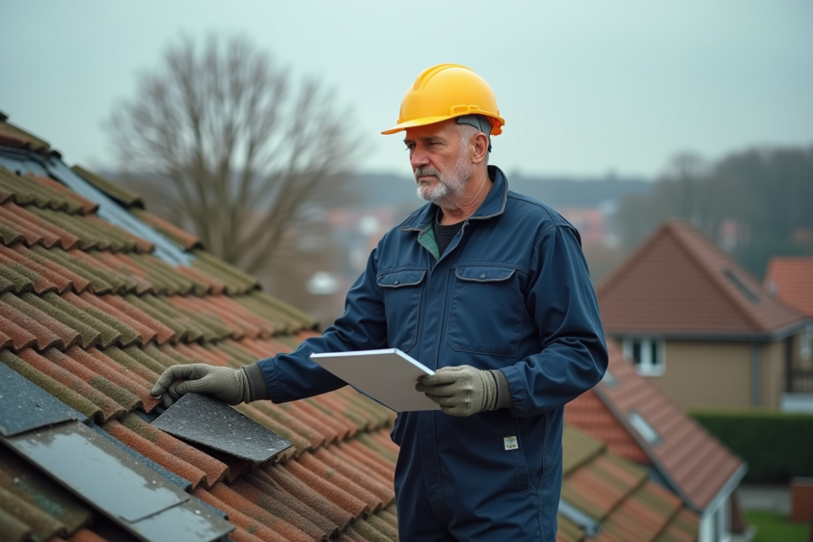 Inspecteur de toiture en uniforme sur un vieux toit en amiante