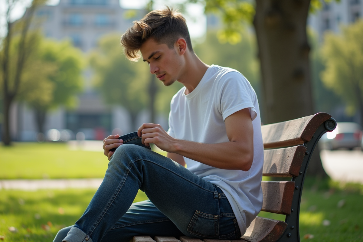 Jeune homme vérifiant son jean dans un parc urbain