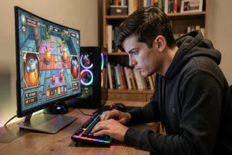 Jeune homme concentré jouant à un jeu de bombe en ligne sur un PC gaming pour améliorer ses réflexes