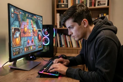Jeune homme concentré jouant à un jeu de bombe en ligne sur un PC gaming pour améliorer ses réflexes