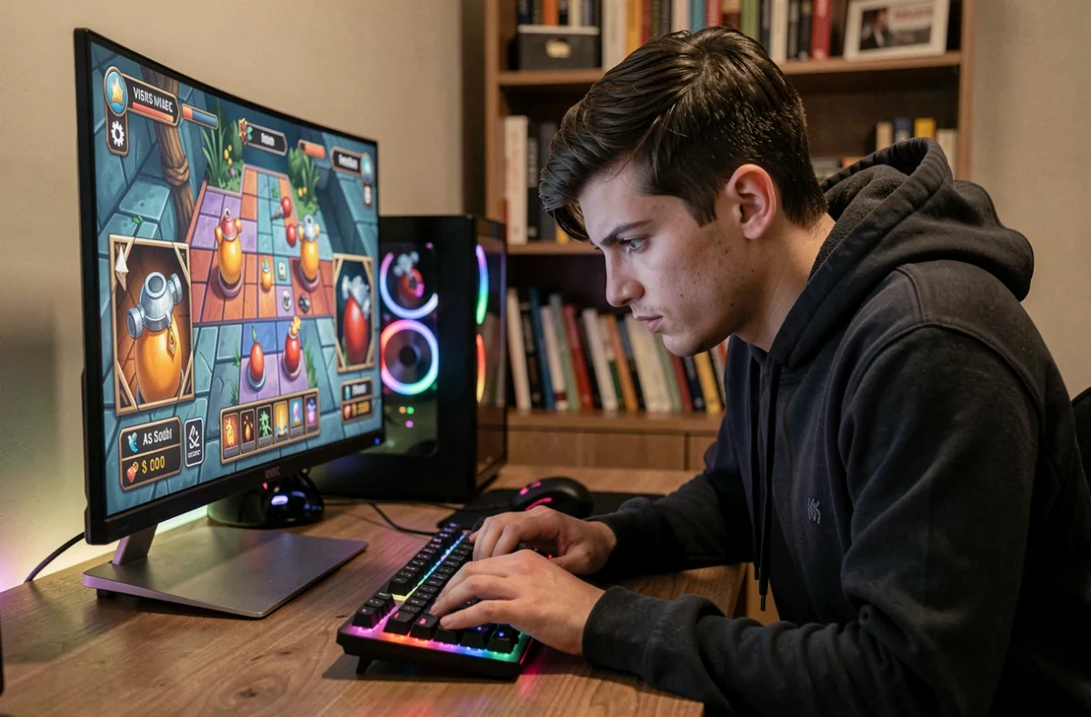 Jeune homme concentré jouant à un jeu de bombe en ligne sur un PC gaming pour améliorer ses réflexes