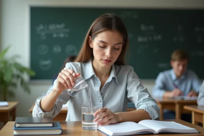 Jeune femme en classe de sciences verse de leau dans un contenant