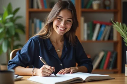 Jeune femme souriante en journal intime dans un bureau lumineux