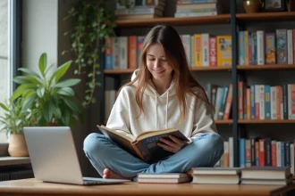 Jeune femme lisant manga dans un espace cosy
