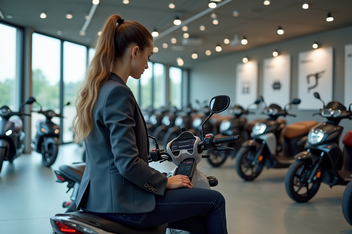Jeune femme sur une moto Dax moderne dans un showroom intérieur