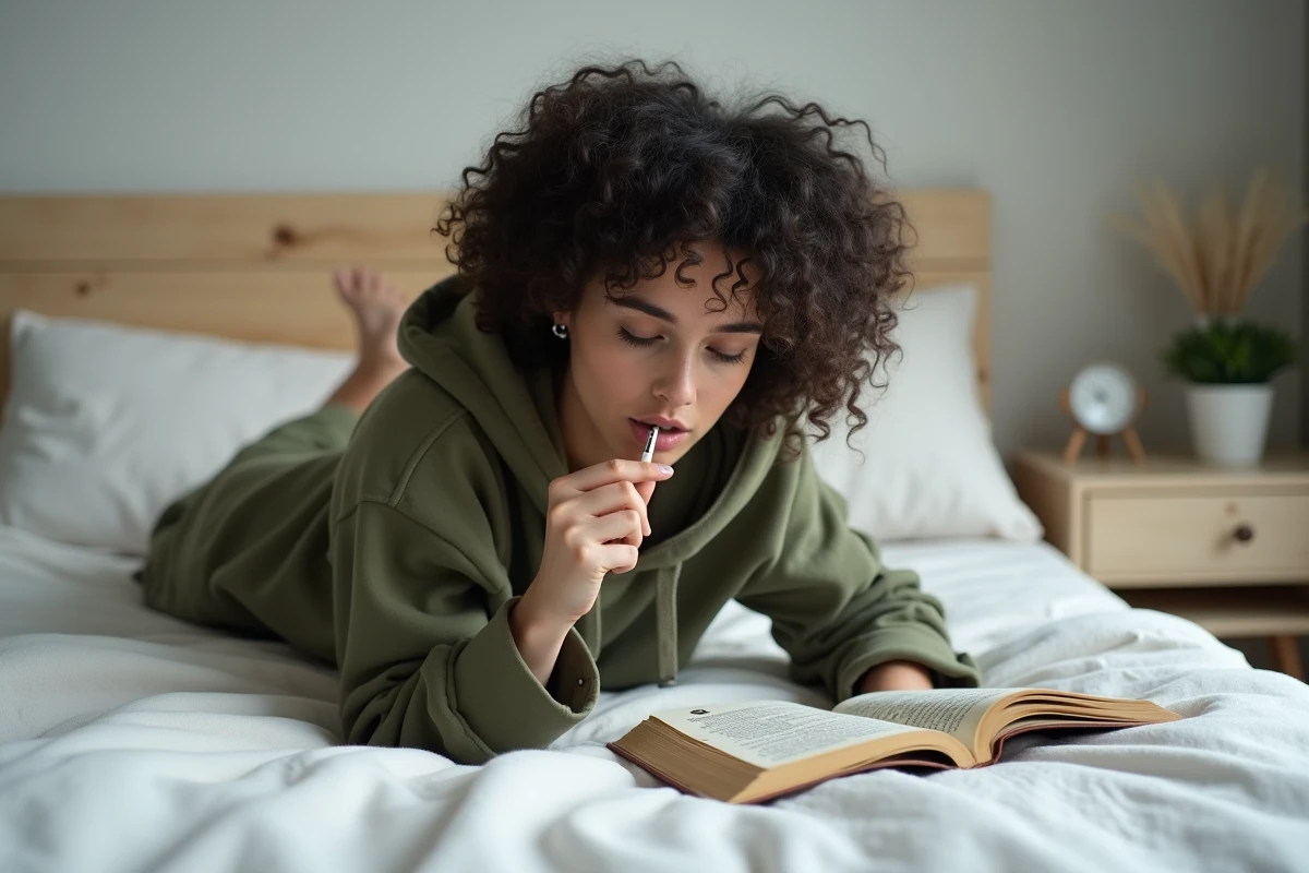 Jeune femme allongée sur son lit en train de résoudre un livre de mots fléchés