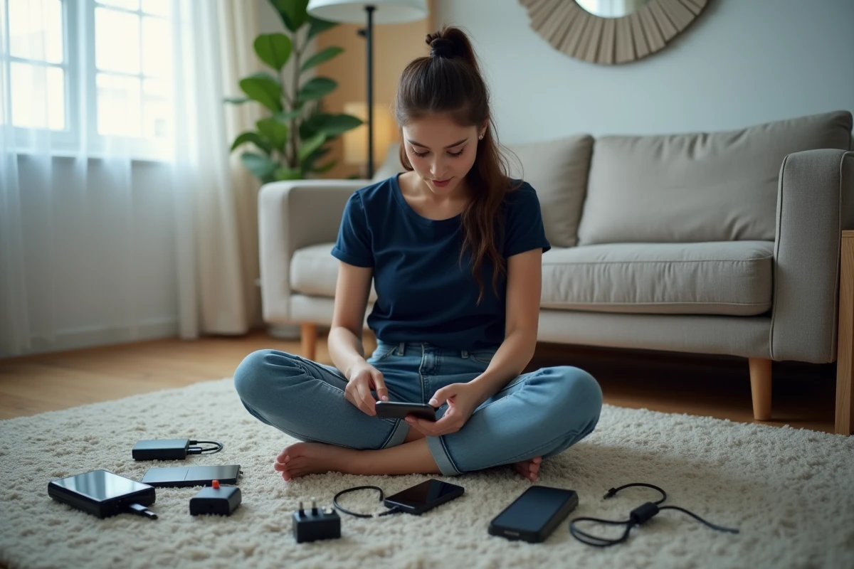 Jeune femme triant accessoires de téléphones anciens dans un salon moderne