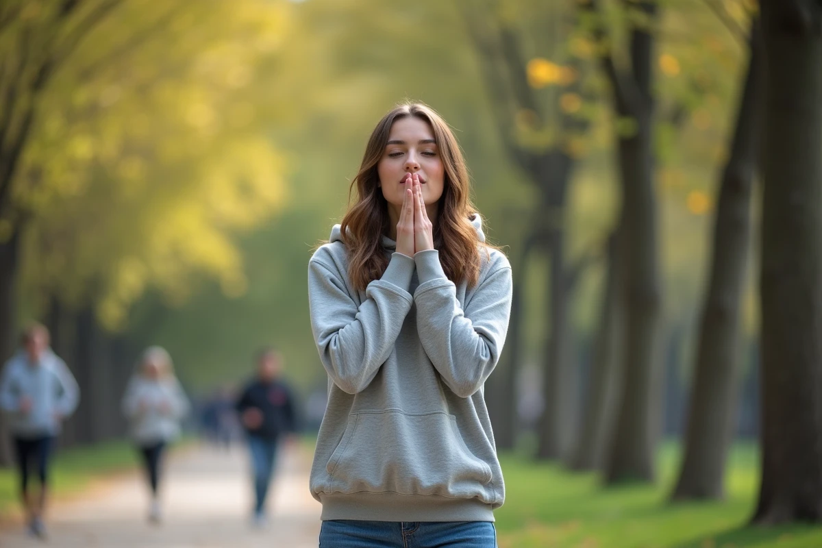Jeune femme chantant dans un parc urbain en pleine nature